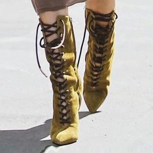 2018 Brand New Women Midd Calf Boots Suede Skórzane Botki Sexy Gladiator Botki Cópeel Army Green Suede Bota Sukienka Buty Party
