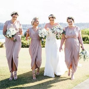 Ankle Length Plus Size Bridesmaids Dresses Capped Pleated Front Split Honor Of Maid Dress Sheath Pleats Sheath Wedding Party Gowns