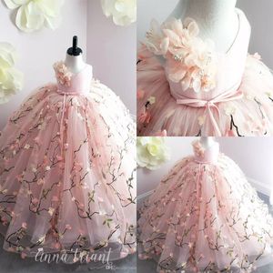 Розовые платья принцессы для девочек-цветочниц, кружевное бальное платье с 3D цветочной аппликацией, платья для маленьких девочек на день рождения, детская официальная одежда со шлейфом196K