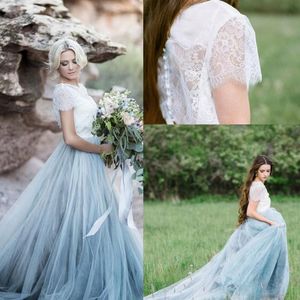 New Fairy Beach Boho Lace High-Neck A Line Wedding Dresses Soft Tulle Cap Sleeves Backless Light Blue Skirts Plus Size Bridal Gown