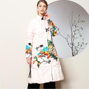 면화 만든 겨울 겨울 중국 스타일의 여성 무릎 길이 트렌치 코트 민속 스타일 면화 패딩 따뜻한 자켓 전통 우표 조수 마모