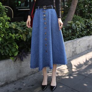 Mulheres 2018 venda quente verão saia jeans a linha de cintura alta bolsos single-breasted mori meninas moda casual longo eleskirts
