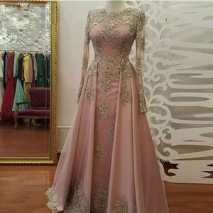 2019 Elegant Long Sleeves Evening Dresses Appliques Beading Tulle Satin Floor Length Pink Muslim Formal Prom Dresses