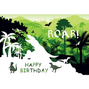 Sfondo di festa di dinosauro della foresta tropicale Stampato alberi verdi Puntelli per la doccia per neonati Sfondo per foto di compleanno per bambini Personalizzato