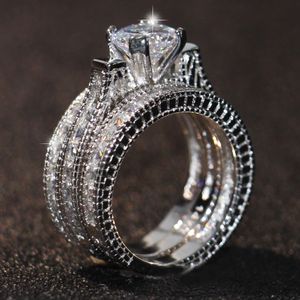 Size 5-10 Vintage Fashion Jewelry 14KT White Gold Filled Round Shape Topaz CZ Diamond Gemstones Women Wedding 3 IN 1 Band Ring Set Gift