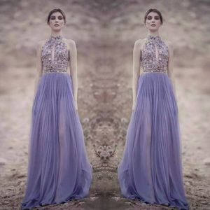 Rami Kadi 2018 Lavender Prom Dresses Halter Keyhole Neck Embroidery Beaded Evening Dresses Sexy Illusion Gowns Custom Made