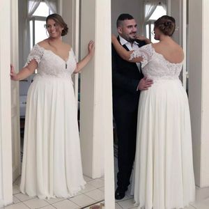 Plus Size Vestidos do casamento de praia 2019 V Sexy Pescoço manga curta Lace Top Chiffon Andar de comprimento vestidos de noiva Custom Made da China EN12234