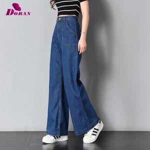 Jeans vintage a gamba larga Big Pockrt Pantaloni in denim a vita alta lavati larghi 2018 Jeans lunghi per donna Pantalon Femme Blu scuro chiaro