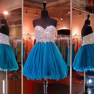 Teal azul querida vestidos de festa sem alças mini comprimento cristal rendas até voltar vestidos de baile com corpete frisado dh1635