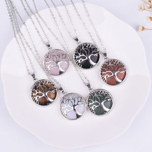 Natural Stone Necklace Hollow Tree of Life Pink Tiger's Eye Healing Rose Quartz Crystal Charms Necklaces Jewelry Women