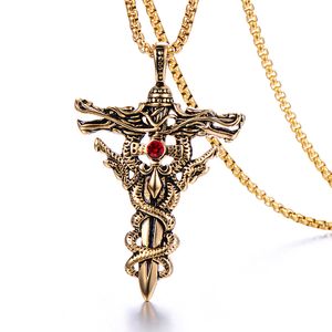 Retro Cross Mens Necklace 316L Stainless Steel 18K Gold Plated Men's Red Rhinestone Setting Pendant Jewelry