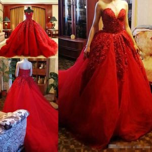 Red Ball Gown Prom Klänningar Lång Sexig Sweetheart Lace Appliques Bridal Formell Wear Multi-Layer Tulle Sweep Train Real Luxury Afton Dress