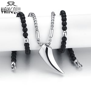 Norse Vikings Wolf Teeth Pendant Necklaces Silver Stainless Steel Chain Black Stone Strand Beads Necklaces Ethnic Jewelry Men