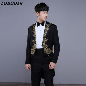 Black Red White Embroidery Men's Suits Swallowtail Magic Costume Male Singer Chorus Tailcoat Performance Clothing Wedding Groom Stage Outfit