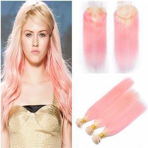 # 613 / Ombre rosa capelli umani brasiliani 3 pacchi con chiusura dritta bionda e rosa Ombre 4x4 chiusura in pizzo con capelli vergini intrecciati