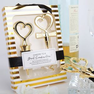 Schneller Versand 100 Stück = 50 Sätze/Los Hochzeitsgeschenk Partygeschenke Gold Prost auf eine tolle Kombination Weinset Herz Weinstopfen Korkenzieher