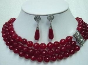 hot sell new - shipping Fancy 3 Row Green/Red stone Necklace Earring Ring Set