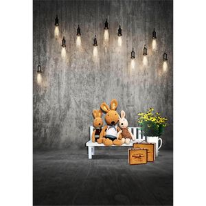 Solid Grey Wall Floor Abstract Photography Backdrops Printed Bulbs White Bench Toy Bear Suitcases Flowers Kids Wedding Photo Background