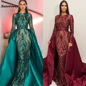 Green Long Sleeves Luxury Mermaid Evening Dress Appliques Sequined Fashion With Train Evening Gowns Real Photos 2023