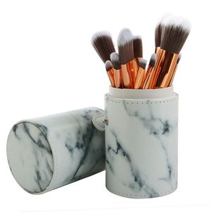 Maange 10st / Set Pro Marbling Makeup Brushes Kit Marmor Mönster Cylinder PU Borstväska Power Beauty Make Up Borsta Kosmetiska Verktyg