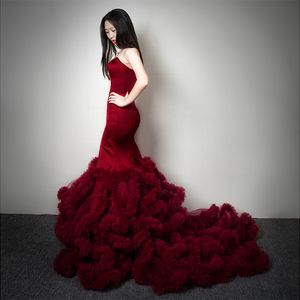 Seksi Mermaid Gelinlik Modelleri Bordo, Kırmızı Uzun Balo Elbise Dantel-up Geri Sweep Tren Pleats Tül Elastik Saten Pist Önlük