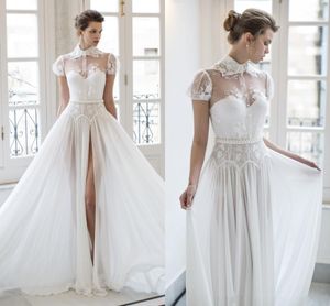 Riki Dalal 2018 Böhmen Bröllopsklänningar Hög Neck Front Split Billiga Chiffon Lace Appliqued Boho Bridal Gowns Pearls Beach Wedding Dresse