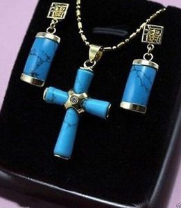 new Style Hot sale********Gorgeous Turquoises"cross" Pendant Necklace + Earrings Fashion Wedding Party Jewellery