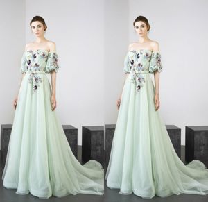 2019 Tony Ward Mint Green Evening Dresses Off The Shoulder A Line Prom Dress Party Wear Equisite Embroidery Long Sleeve Women Formal Gowns