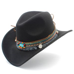 Mode män kvinnor ull Blend Western Cowboy Jazz Hat Wide Brima Sombrero Godfather Cap Church Caps Cowgirl med tofs bälte