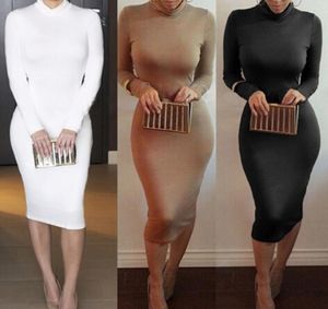 Women Sexy Club Dresses Solid Color Soft Cotton Stretch Party Dress Warm Skinny Bodycon Wear Long Sleeve Bandage Dress Wear