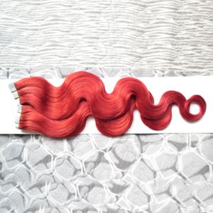 Röd tejp i mänskliga hårförlängningar 40pcs Skin Weft Hair Hair 100g Body Wave Remy på Adhesive Osynlig PU Weft Extension 14 Färger Välj 2,5g / 1pc