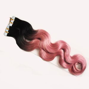 ヘアエクステンションのT1B /ピンクオムレテープヘアエクステンションで100g 40ピースボディウェーブスキン横取りテープヒトレミー色のヘアエクステンション