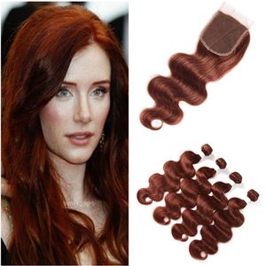 Peruvian Copper Röd Human Hair Weaves Extensions With Lace Front Closure 4x4 Kroppsvåg # 33 Mörk Auburn Virgin Hair 4 Bundle Deals Extensions