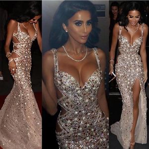 Färgglada Crystal Beading Prom Klänningar Charmig Sexig Cutaway Sidor Sweetheart Neck Side Split Party Klänning Fascinerande Mermaid Evening Dress