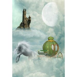 Fairytale Unicorn Party Photo Booth Background Printed Green Carriage Thick Clouds Moon Old Castle Baby Kids Birthday Backdrops