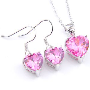 LuckyShine 5 zestawów kryształowe cyrkonie serce różowe Kunzite kolczyki i łańcuszek z wisiorem naszyjnik ze srebra próby 925 kobiety moda zestawy ślubne darmowa wysyłka