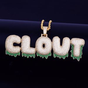 Herren-Halsketten mit individuellem Namen, grüne Tropfblase, Buchstaben-Anhänger, Eis aus Zirkon, Hip-Hop-Schmuck mit Gold-Silber-Seilkette als Geschenk