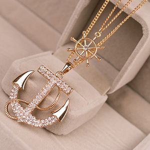 2pcs/lot Fashion Crystal Anchor Pendant Necklace White Navy Style Anchor Rudder Personality Long Necklace Jewelry for women