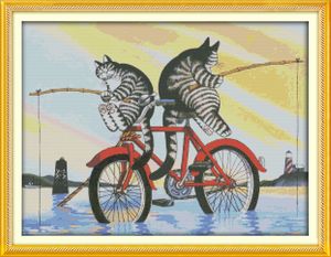 The fishing cats home decor paintings ,Handmade Cross Stitch Craft Tools Embroidery Needlework sets counted print on canvas DMC 14CT /11CT
