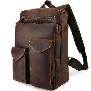 Men's Vintage Full Grain Genuine Leather Backpack Outdoor Travel Weekender Business Laptop Bag School Crazy Horse Rucksack Bag
