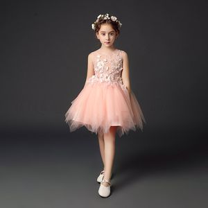 lovely Pink Flower Girl Dresses Knee Length Girls Party Dresses Pleats Tulle Applique with Beads Sequins Girls pageant dress