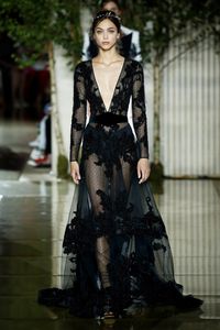 Newest Zuhair Murad Sexy Black Prom Deep V Neck Shiny Lace Applique Illusion Long Sleeves Formal Dresses Evening Wear