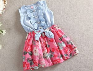 ブティックコットンベビー服女の子の2色の蓮の葉のドレス花プリントノースリーブデニムPatchWorkd Princess Skirt H065