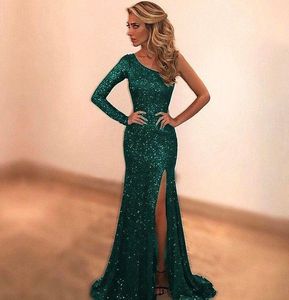 Sparkly paljettgrön sjöjungfrun Prom Dresses 2017 Custom Made One Shoulder Long Evening Party Dress Sexig Side Slit Robe de Soiree218s