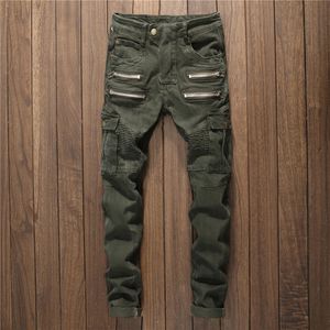 Jeans maschi maschi multi zippers denim pantaloni maschili dritti maschi di moda in stile punk casual in stile strappato verde esercito verde strappato