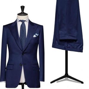 Anpassa Navy Blue Groom Tuxedos Peak Lapel Två knapp Groomsmen Blazer Utmärkt män Affär Formell Prom Suit (Jacket + Byxor + Tie) 204