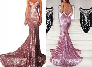 Rose Pink Glitz Sequined Mermaid Prom Dresses Spaghetti Strap Sexig Backless Sweep Train Formal Afton Dresses Women Prom Gowns