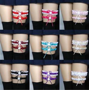 Borgonha perna nupcial Garters de baile de baile de baile de baile nupcial cinto de liga de casamento 2 partes set laço fita flores cristais pérolas tamanho livre 30 a 60 cm