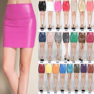 Yeni Tasarım Moda Kadınlar Yüksek Elastik Bel Pu Deri Seksi Vücut Tunik Kısa Kalem Etek Şeker Renk Mini Etek Artı Beden Smlxl