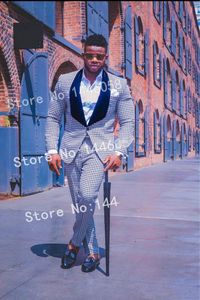 Latest Design One Button Houndstooth Wedding Groom Tuxedos Shawl Lapel Groomsmen Mens Dinner Blazer Suits (Jacket+Pants+Tie) NO:1631